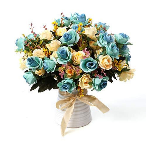 Eternal Blue and Yellow Rose Bouquets with Ceramic Vase
